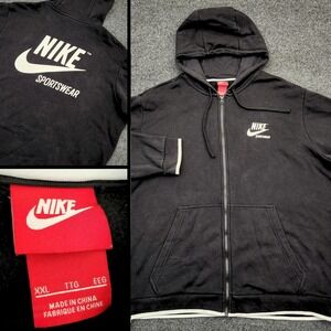 Vintage Nike Mens XXL Black Full Zip Hoodie Jacket Y2k White Trim Logo Trademark
